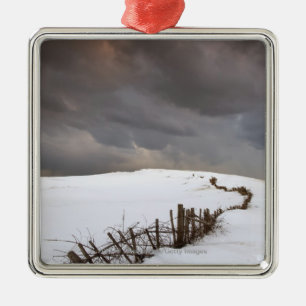 A Broken Fence Along A Snow Covered Field Metal Tree Decoration