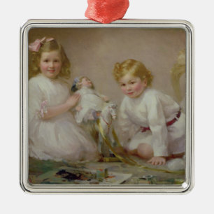 A Brother and Sister Playing, 1915 Metal Ornament