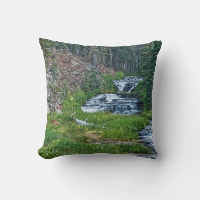 A Buck Rests at a Cascading River Cushion (Front)