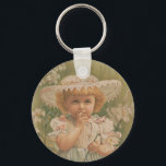 "A Budding Easter" Vintage Illustration, ca. 1890 Key Ring<br><div class="desc">Retro Easter illustration,  circa 1890
Victorian Era,  antique,  vintage,  lithograph print,  chromolithograph,  young child,  little girl,  toddler,  youth,  soft muted pastel colors,  spring,  flowers,  floral,  Easter bonnet,  dress,  cottagecore,  whimsical,  quaint,  eclectic,  adorable wholesome,  colorful,  Easter lilies,  lily,  green pink,  white,  sweet,  quirky,  kitschy,  kitsch</div>