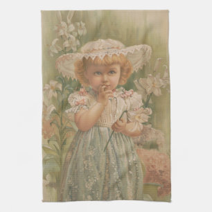 "A Budding Easter" Vintage Illustration, ca. 1890 Tea Towel