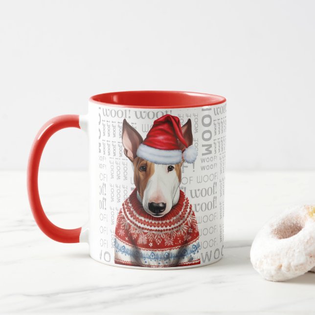 A Bull Terrier Santa in a Sweater Woof Background Mug (With Donut)