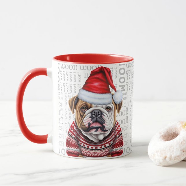 A Bulldog Santa in a Sweater on Woof Background Mug (With Donut)