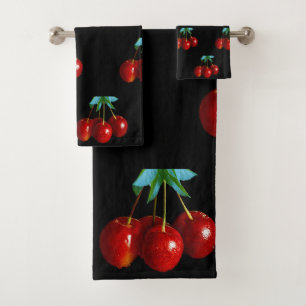 A Bunch Of Red Cherries on Stems Leaves on Black Bath Towel Set