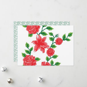 a bunch of red flowers on a white background holiday card