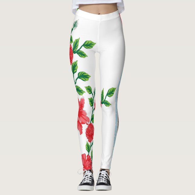 a bunch of red flowers on a white background leggings (Front)