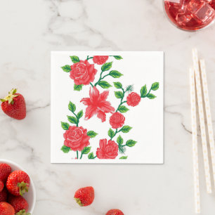 a bunch of red flowers on a white background napkin