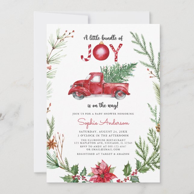 A Bundle of JOY Red Truck Christmas Baby Shower Invitation (Front)