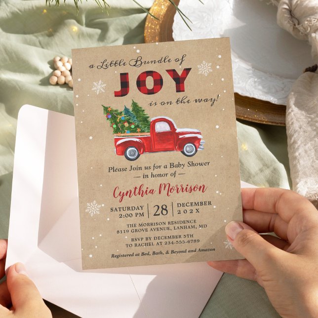 A Bundle of JOY Truck Red Plaid Baby Shower Invitation (Creator Uploaded)