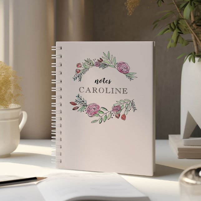A Bushel and a Peck Personalised Notebook in Pink (Pink watercolor floral laurels personalized notebook.)
