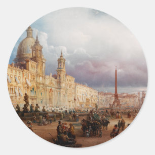 A bustling market on the Piazza Navona in Rome Classic Round Sticker