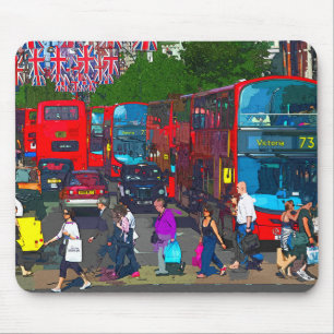 A busy Oxford Street with shoppers and red buses. Mouse Pad