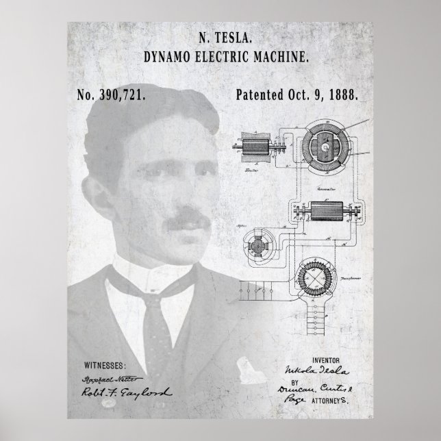 A/C ELECTRIC CURRENT DYNAMO PATENT of 1888 - TESLA Poster (Front)