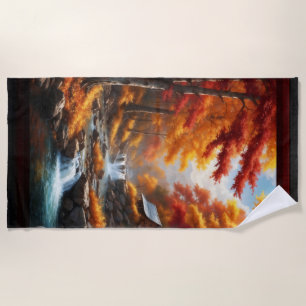 A Cabin In Autumn Woods AI Concept Art by Xzendor7 Beach Towel