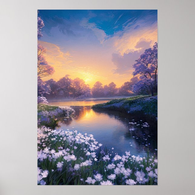 A Calm River in a Bed of White Flowers Poster (Front)