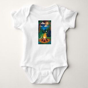 A campfire with marshmallows roasting under a star baby bodysuit