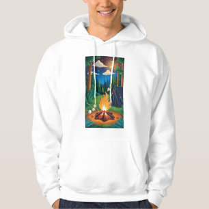 A campfire with marshmallows roasting under a star hoodie