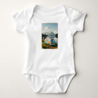 A camping van parked by a lake with a reflection baby bodysuit
