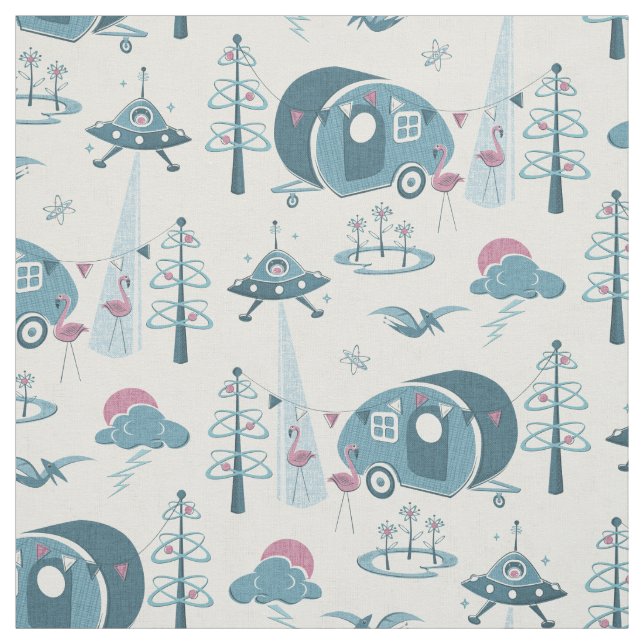 A Campsite Invasion! Muted Blue/Pink Fabric (Swatch)