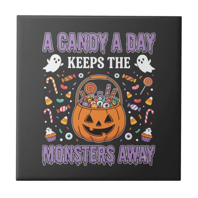 A Candy A Day Halloween T Shirt Design Ceramic Tile (Front)