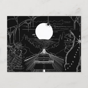 A car driving through the forest and mountains postcard