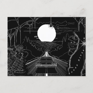 A car driving through the forest and mountains postcard