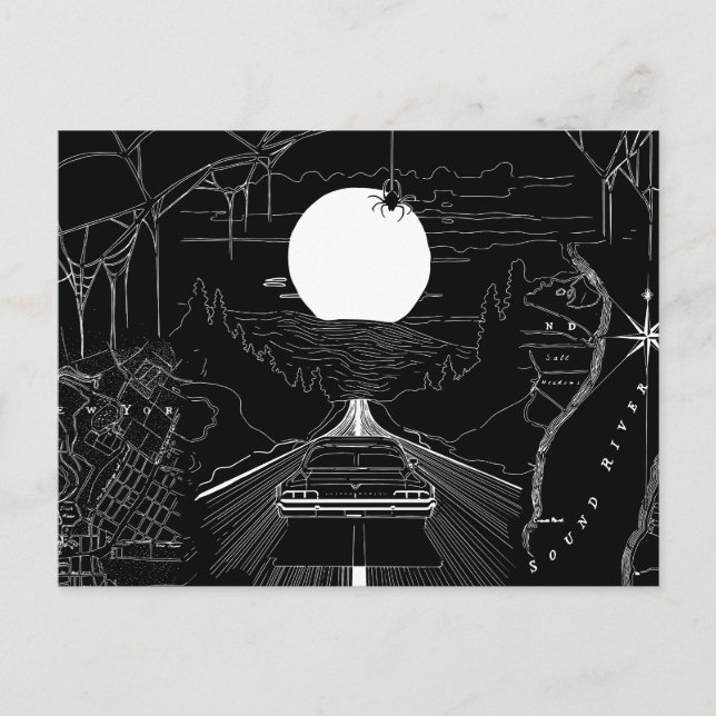 A car driving through the forest and mountains postcard (Front)