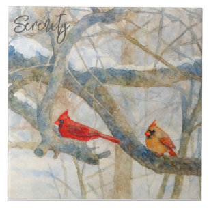 A Cardinal Couple Perched in the Snow Ceramic Tile