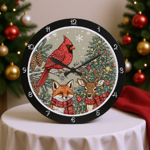 A Cardinal Perched On A Pine Branch Fox and Deer  Large Clock