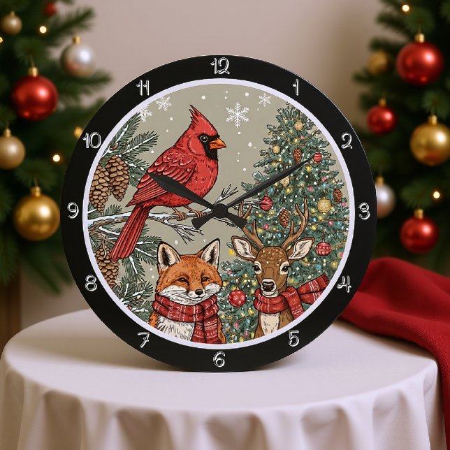 A Cardinal Perched On A Pine Branch Fox and Deer  Large Clock (Creator Uploaded)
