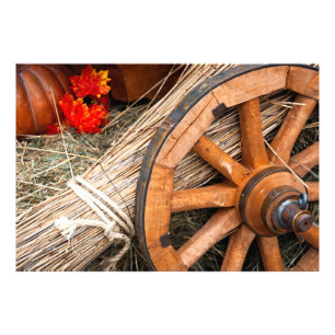 A Cart Wheel, Hay, Pumpkin Photo Print