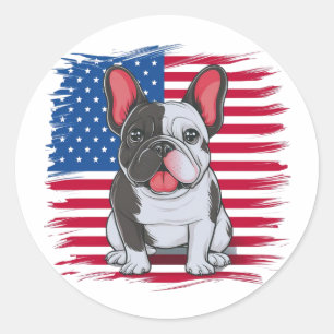 A cartoon French bulldog with American flag(2) Classic Round Sticker