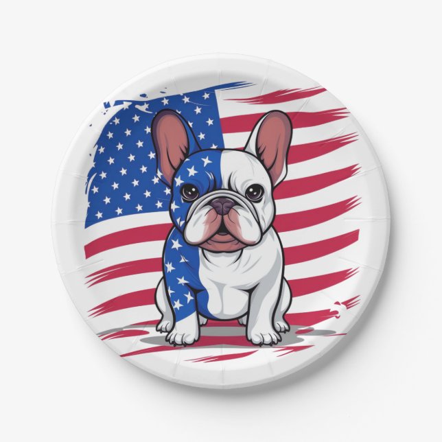 A cartoon French bulldog with American flag Paper Plate (Front)