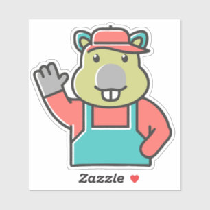 A Cartoon Funny Red Beaver Waves Left Hand.