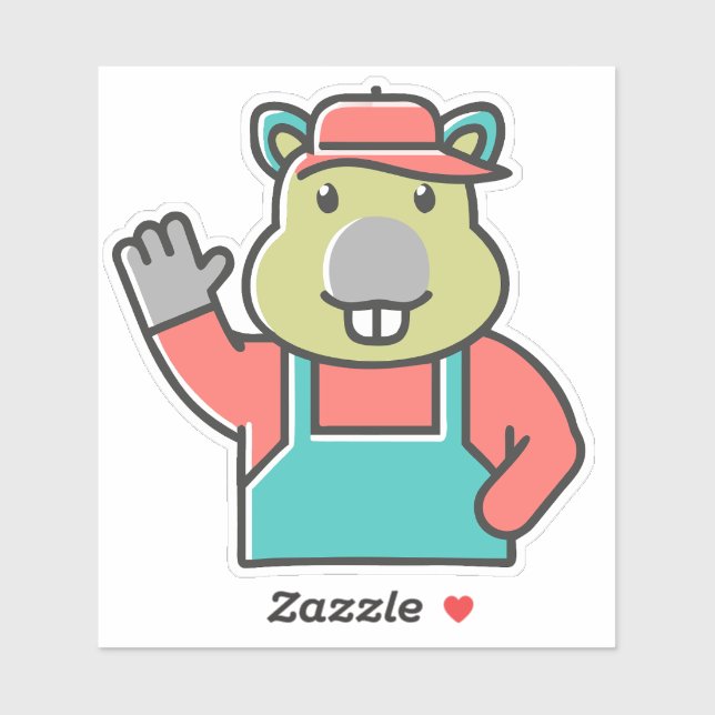 A Cartoon Funny Red Beaver Waves Left Hand. (Sheet)