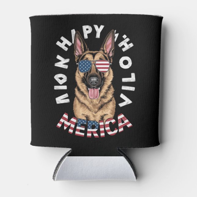 A cartoon German Shepherd in American flag colours Can Cooler (Front)