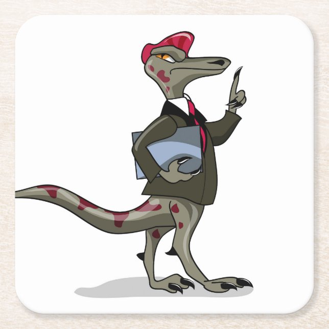A Cartoon Iguanodon Clerk. Square Paper Coaster (Front)