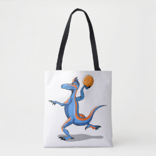A Cartoon Iguanodon Playing Basketball. Tote Bag