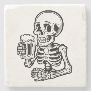 A cartoon skeleton holding a beer mug stone coaster