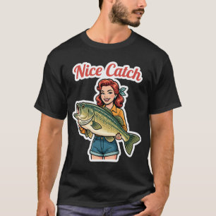 A cartoon woman holding a large fish on transparen T-Shirt