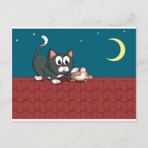 A cat and a mouse at the rooftop postcard