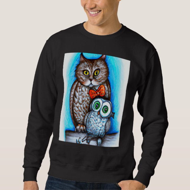 A Cat And An Owl Mixed Art Sweatshirt (Front)