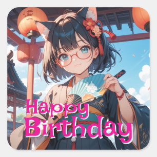 a cat-eared girl who wears a kimono and holds a fa square sticker