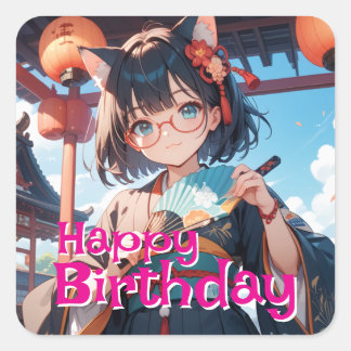 a cat-eared girl who wears a kimono and holds a fa square sticker