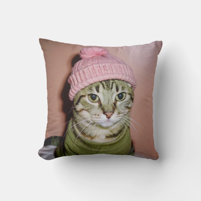 a cat in a beanie cushion (Front)