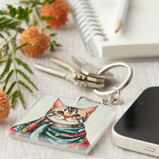 a cat in a blanket key ring