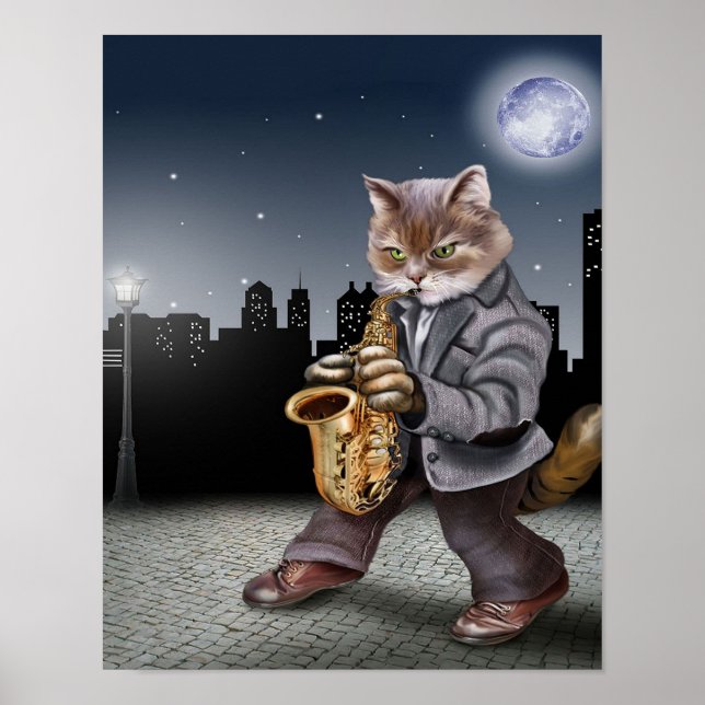 A Cat In The Night With Saxophones- Cat Lover Gift Poster (Front)