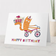 A cat on a bicycle carries birthday gifts.