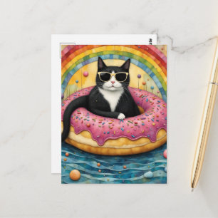 A Cat on Vacation in a Floating Doughnut Postcard