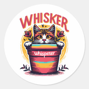 A cat peeking out from behind a flowerpot classic round sticker